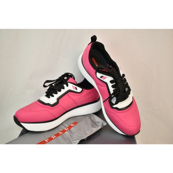 NIB PRADA 3E6321 WOMEN PINK NYLON LACE UP LOGO LOW TOP PLATFORM SNEAKERS 40 - Picture 9 of 12
